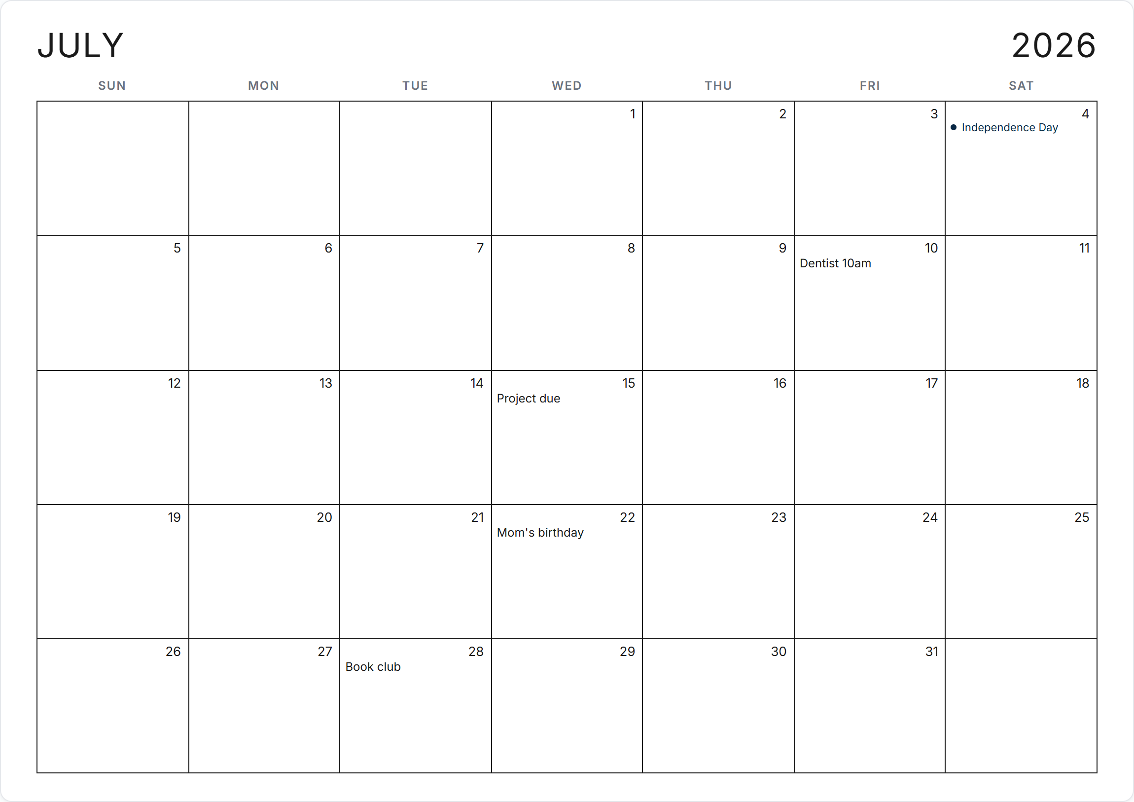 Free printable monthly calendar preview